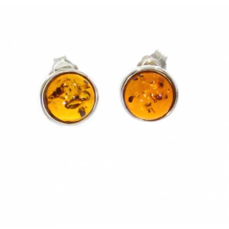 Boucles d'oreilles Puces 8MM Pierre Ambre & Argent Massif Rhodié 925/1000