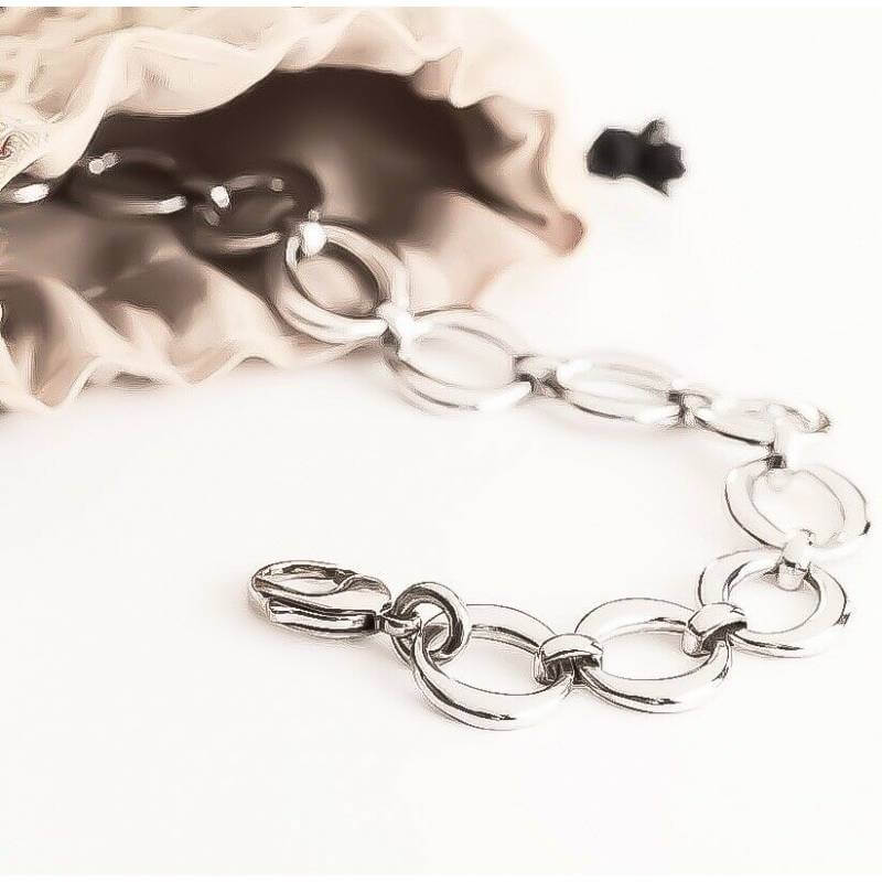 Bracelet 18CM Larges Maillons Épais Ronds En Argent Massif 925/1000 Rhodié