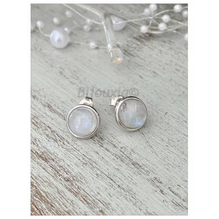 Boucles d'oreilles Puces Pierre de Lune 10MM & Argent Massif Rhodié 925/1000