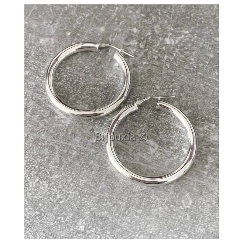 Boucles D'oreilles Créoles Tubes - Argent Massif 925 Rhodié - Longueur 6 Cm - Marque Bijouxia - Neuf Avec étiquette
