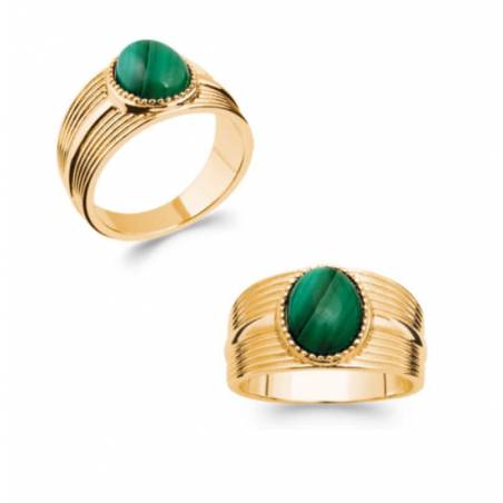 Bague Pierre Malachite Véritable En Plaqué or 18 Carats 750/1000