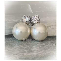 Boucles D'oreilles Perles + Cristal Zirconium Serti Argent Massif 925 Rhodié