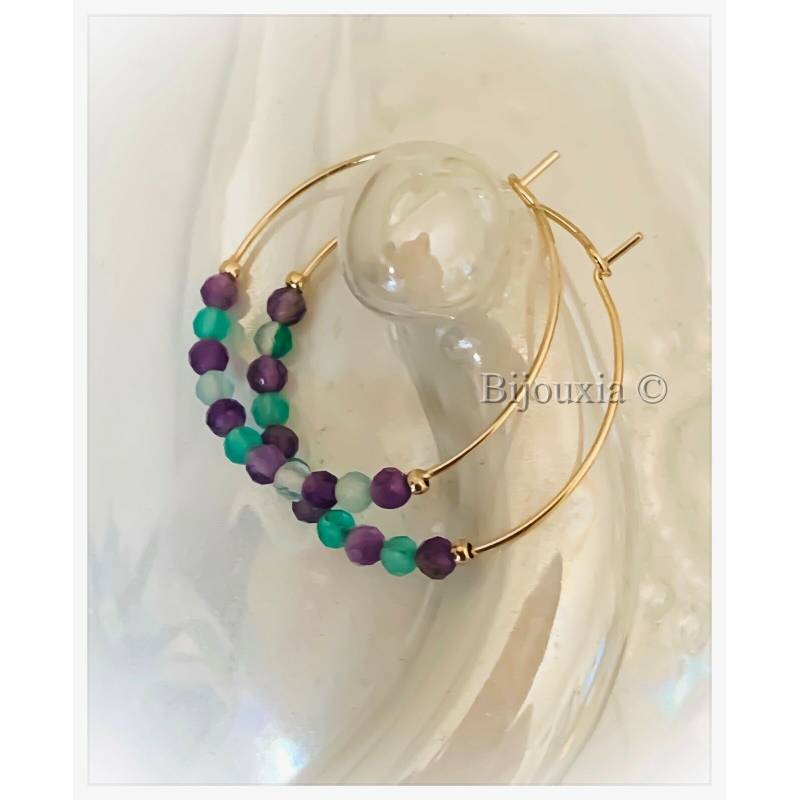 Créoles Pierres Fines Véritable Calcédoine&Améthyste Plaqué or 18 Carats 750/000