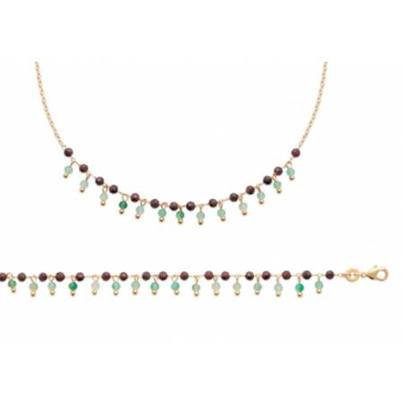 Bracelet Pierres Fines Véritable Calcédoine & Grenat Plaqué or 18 Carats 750/000