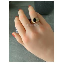 Bague Pierre Agate Noire Véritable En Plaqué or 18 Carats 750/1000