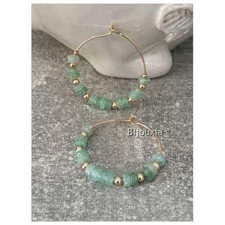 Créoles Pierres Fines Véritable Quartzite Verte En Plaqué or 18 Carats 750/000