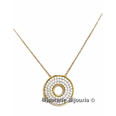 COLLIER Pendentif Cercle DONUTS ZIRCONIUM MICROSERTI Plaqué Or 18 carats  Bijoux