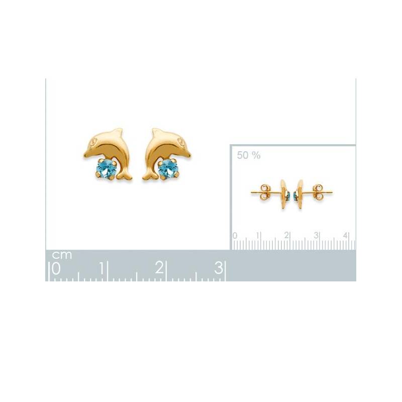 Boucles D'oreilles Puces "Dauphin" Cristal Bleu En Plaqué Or