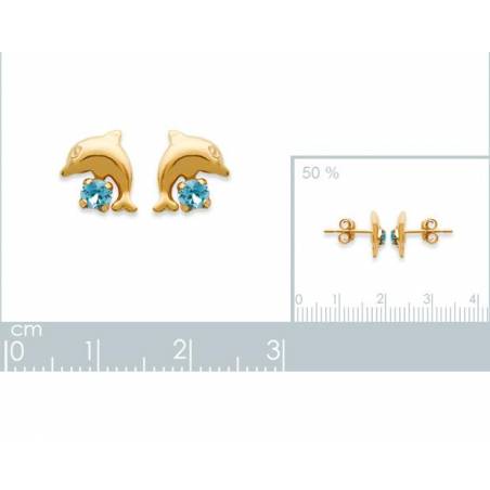Boucles D'oreilles Puces "Dauphin" Cristal Bleu En Plaqué Or