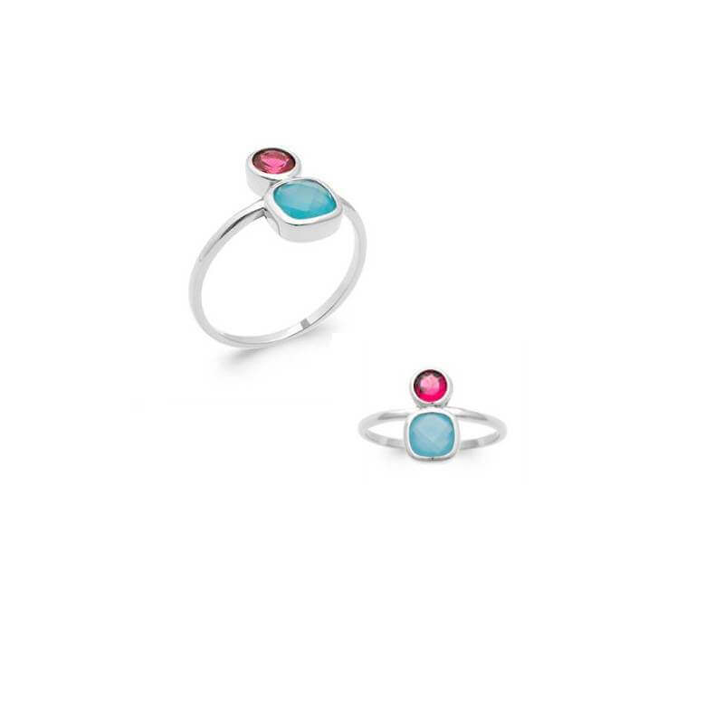 Bague Cristal Rose et Pierre Agate Bleu Véritable En Argent Rhodié T50 à 60