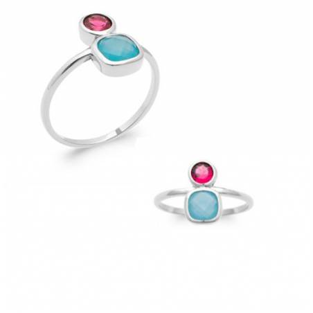 Bague Cristal Rose et Pierre Agate Bleu Véritable En Argent Rhodié T50 à 60