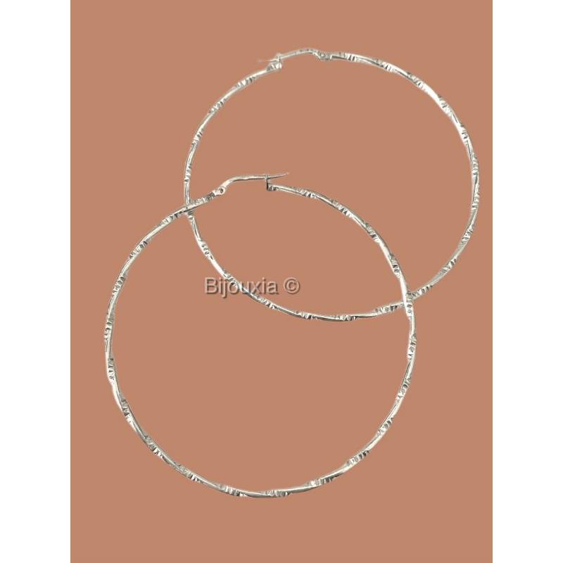 Boucles D'oreilles Créoles Torsadées Striées 5 CM Argent Massif 925 Rhodié