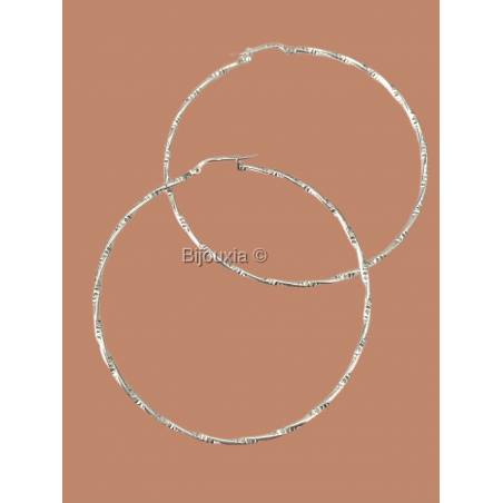 Boucles D'oreilles Créoles Torsadées Striées 5 CM Argent Massif 925 Rhodié