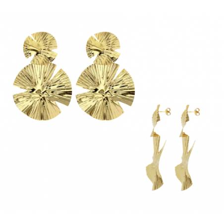 Boucles D'oreilles Pendantes Larges Double Sphères Martelés En Argent Doré