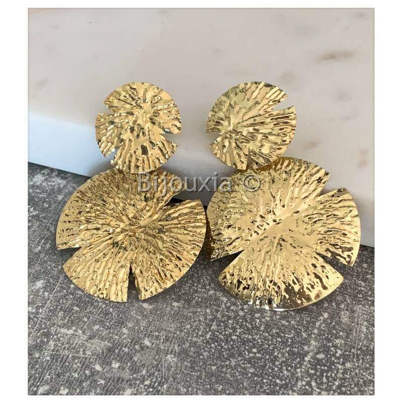 Boucles D'oreilles Pendantes Double Cercles Larges Martelés Argent Doré 925