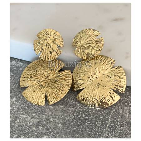 Boucles D'oreilles Pendantes Double Cercles Larges Martelés Argent Doré 925