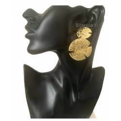 Boucles D'oreilles Pendantes Double Cercles Larges Martelés Argent Doré 925