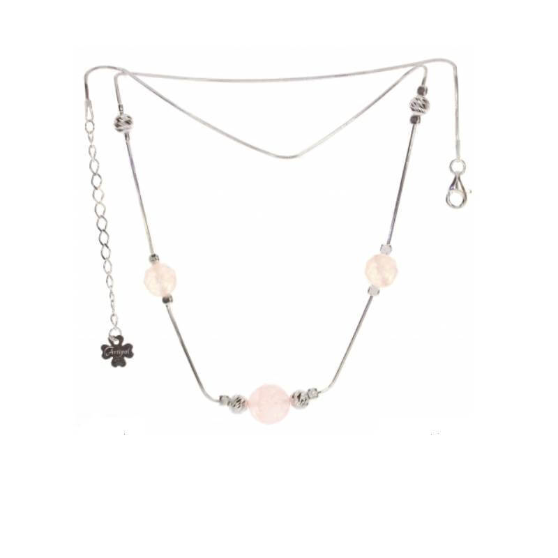 Collier 3 Perles Pierre Quartz Rose Véritable En Argent Massif 925/1000 Rhodié