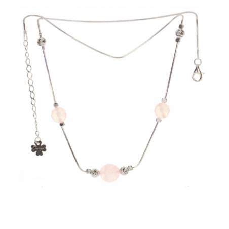 Collier 3 Perles Pierre Quartz Rose Véritable En Argent Massif 925/1000 Rhodié
