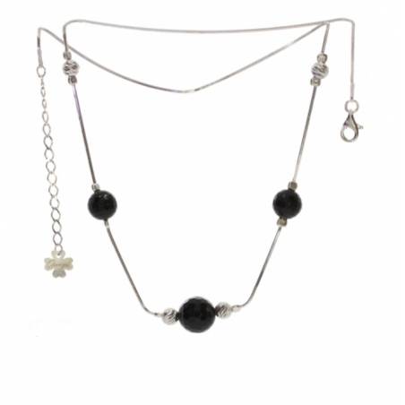 Collier 3 Perles Pierre Onyx Véritable En Argent Massif 925/1000 Rhodié
