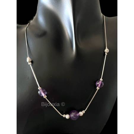 Collier 3 Perles Pierre Améthyste Véritable En Argent Massif 925/1000 Rhodié