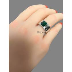 Bague Pierre Malachite Véritable En Argent 925/000 Rhodié T50 à 60