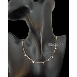 Collier pampilles Perles de Cristal Rose Violet En Plaqué Or 18 Carats 750/1000