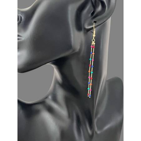 Boucles d'oreilles Pendantes Pierres émail Multicolores et Plaqué or 18 Carats