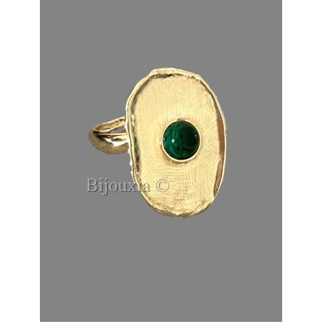 Bague Réglable En argent 925/1000 Doré Brossé Pierre Naturelle Malachite