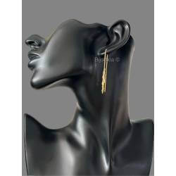 Boucles D'oreilles Chaîne Traversante Feuilles de Laurier Plaqué Or 18 Carats