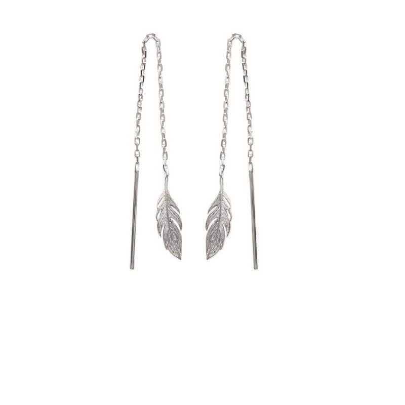 Boucles D'oreilles Chaîne Traversante Motif Feuille Argent 925/000 Rhodié