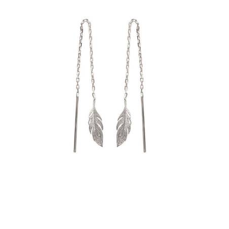 Boucles D'oreilles Chaîne Traversante Motif Feuille Argent 925/000 Rhodié