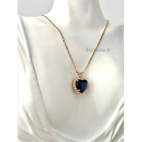 Collier Pendentif Cœur de l'Océan Pierre Saphir Zirconium Plaqué Or 18 CARATS