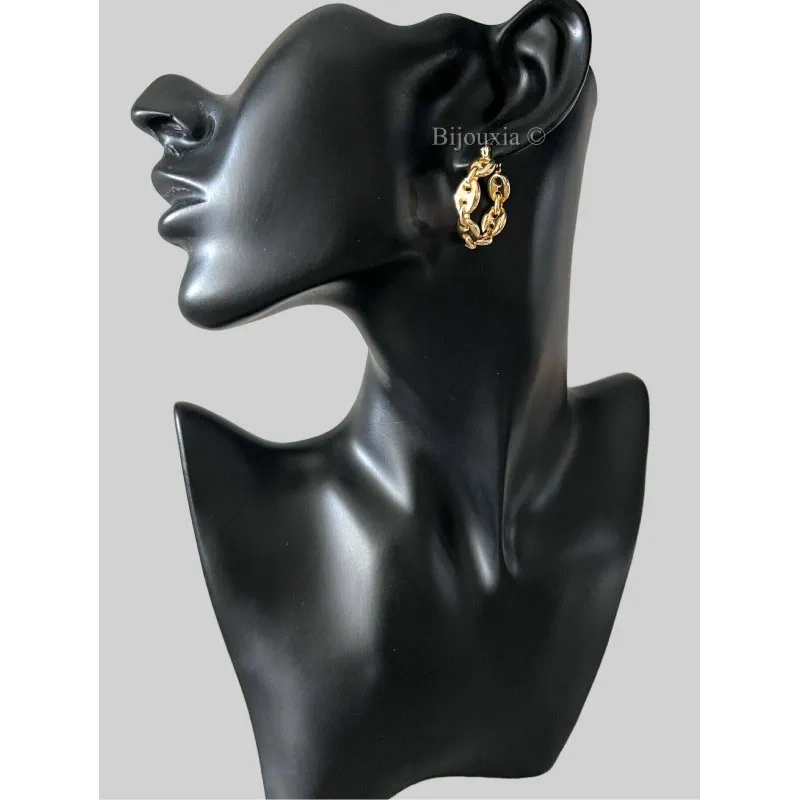 Créoles Motif Chaîne En Plaqué Or 18 Carats - Diamètre 2,5 Cm, Neuf Avec étiquettes, Doré