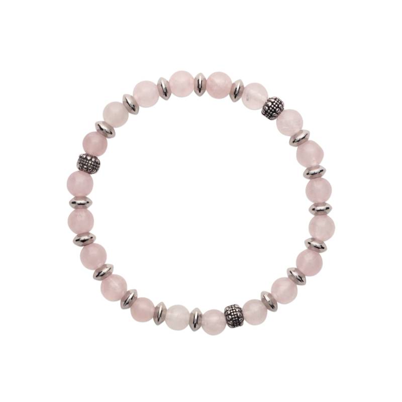 Bracelet Élastique Véritable Quartz Rose et Perles Argenté en Acier
