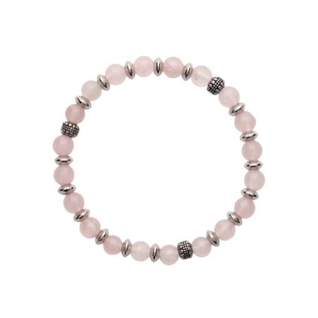 Bracelet Élastique Véritable Quartz Rose et Perles Argenté en Acier