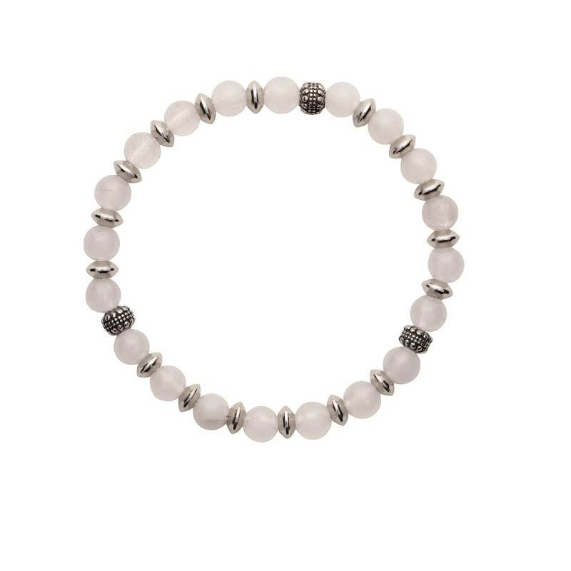 Bracelet Élastique Véritable Quartz Blanc et Perles Argenté en Acier