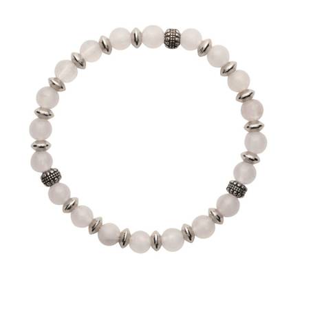 Bracelet Élastique Véritable Quartz Blanc et Perles Argenté en Acier