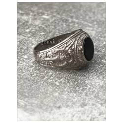 Chevalière US Américaine En Argent Vieilli 925/000 Onyx Tailles 52 à 71