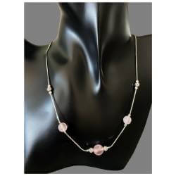Collier 3 Perles Pierre Quartz Rose Véritable En Argent Massif 925/1000 Rhodié