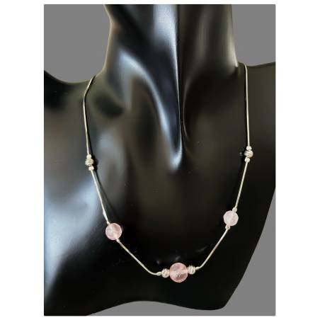 Collier 3 Perles Pierre Quartz Rose Véritable En Argent Massif 925/1000 Rhodié