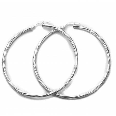 Boucles D'oreilles Créoles Torsadées 3CM Argent Massif 925 Rhodié