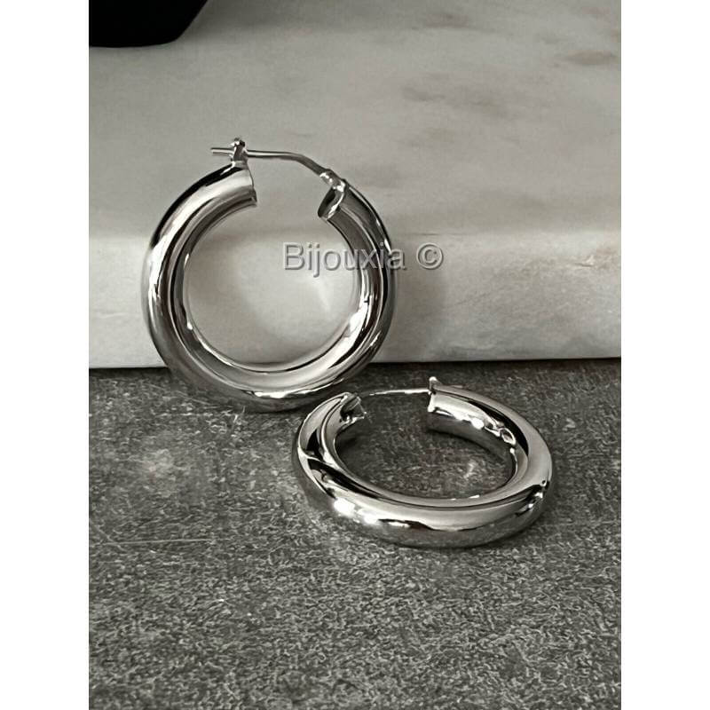 Créoles Tubes Épaisses Diamètre 3CM En Argent Massif 925/000 Rhodié