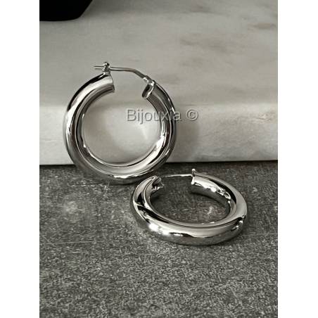 Créoles Tubes Épaisses Diamètre 3CM En Argent Massif 925/000 Rhodié