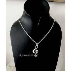 Pendentif Grande Clé De Sol Robuste En Argent Massif 925/000 Rhodié