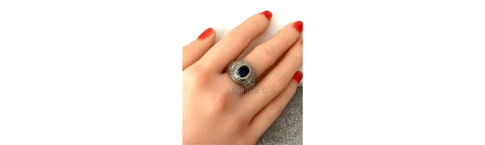 Chevalière US Américaine En Argent 925/000 Pierre Bleu Saphir Tailles 52 à 72