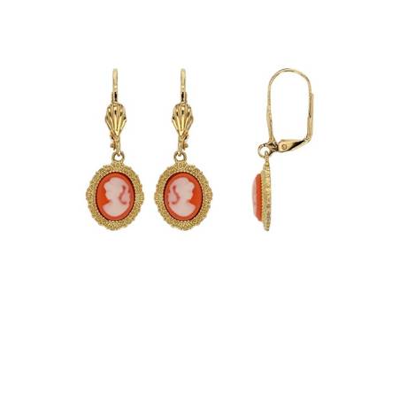 Boucles D'oreilles Dormeuses Symbole Camée Résine Plaqué or 18 Carats 750/1000