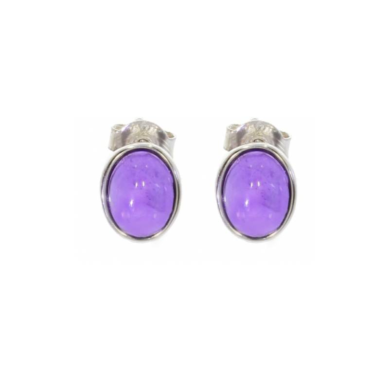 Boucles d'oreilles Puces Pierre Améthyste Cabochon Ovale Argent 925 Rhodié