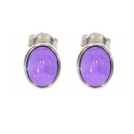 Boucles d'oreilles Puces Pierre Améthyste Cabochon Ovale Argent 925 Rhodié