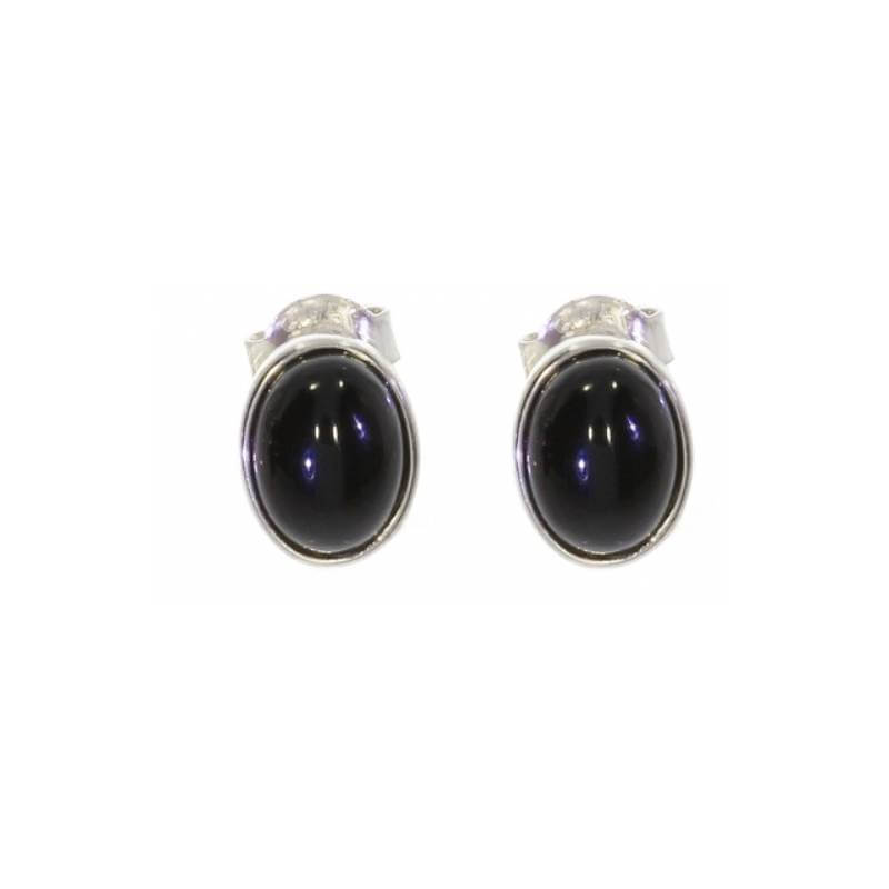 Boucles d'oreilles Puces Pierre Onyx Cabochon Ovale Argent 925 Rhodié